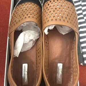 Halogen Tan and Black Perforated Slip-On Flats